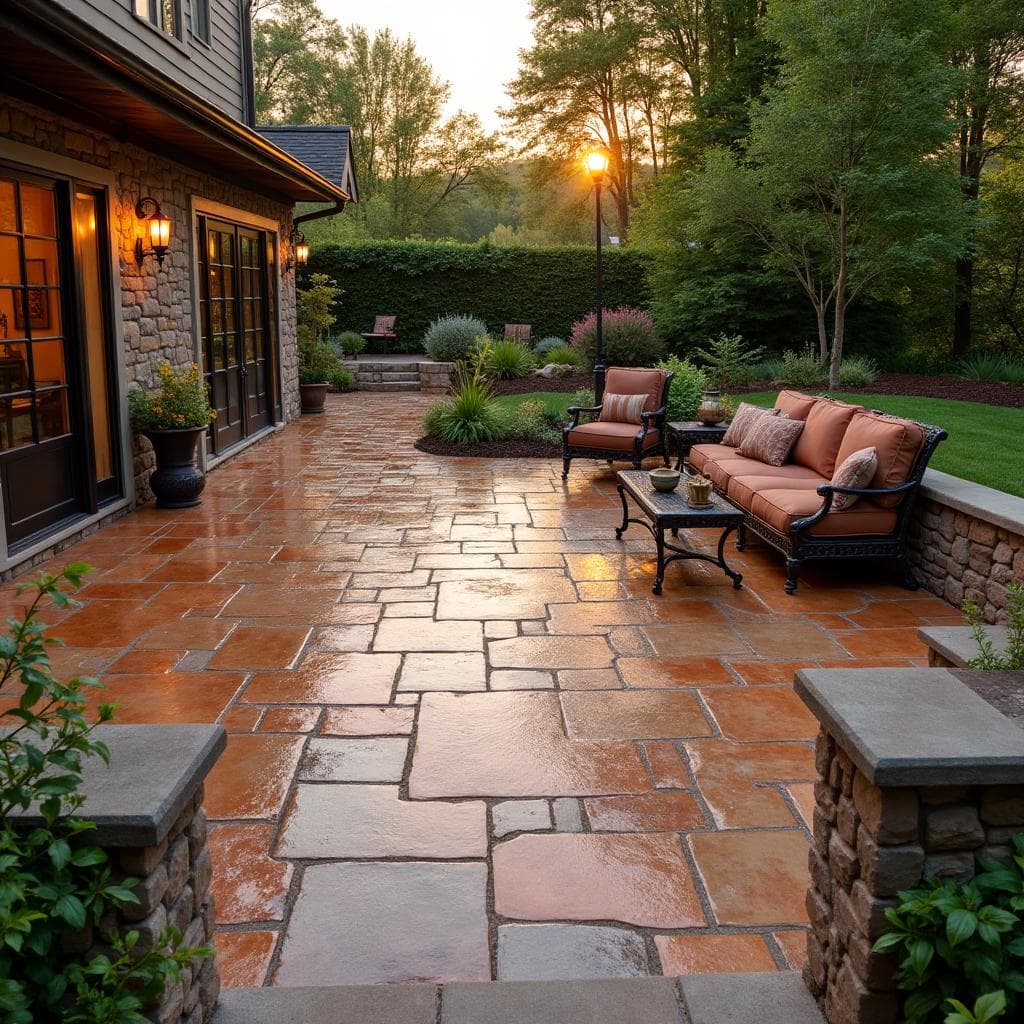 Beautiful stamped concrete patio with natural stone pattern